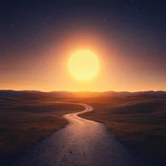 Bright sunrise illuminating a winding road, symbolizing the start of a new path.