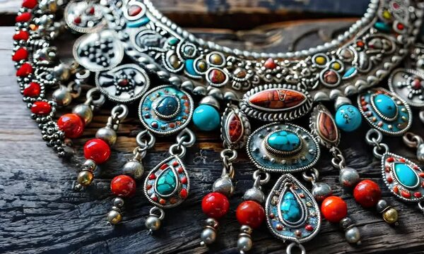 Intricate silver necklace with cascading turquoise and coral beads, Video