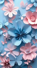 3D embossed paper art featuring pastel flowers and butterflies on a soft blue background, evoking a sense of spring serenity and delicate craftsmanship.