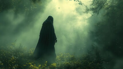 mysterious figure in a flowing cloak walking through a misty ethereal forest bathed in soft diffused light
