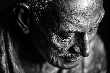 Obraz premium Close-Up Portrait of Mahatma Gandhi Statue with Sunlight Highlighting His Peaceful Expression in a Black and White Photograph