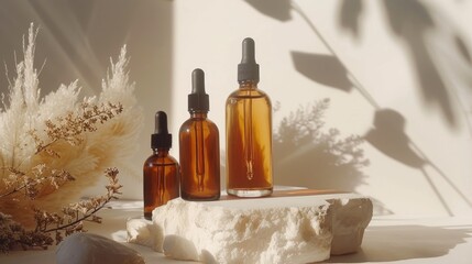Fototapeta premium Amber glass dropper bottles with nature-inspired skincare concept.