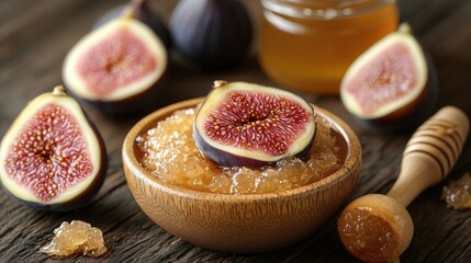 A homemade face mask is made from fresh figs and natural ingredients on a rustic table