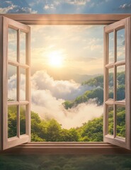 A serene view from an open window showcasing a breathtaking sunrise over lush green mountains and soft clouds.