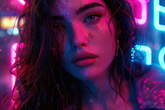 Futuristic graffiti art illuminated by neon lights in a vibrant cyberpunk city