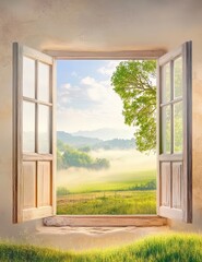 A serene view through an open window showcasing lush greenery and a misty landscape under a bright sky.