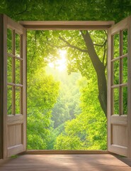 A serene view through an open window, showcasing lush green trees and soft sunlight filtering through the foliage.