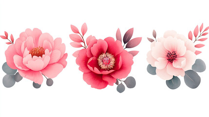Obraz premium A vibrant collection of three beautiful floral arrangements featuring soft pink and white blooms with delicate leaves.