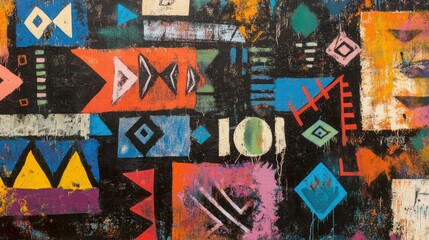 Obraz premium A colorful abstract mural featuring geometric shapes and patterns.