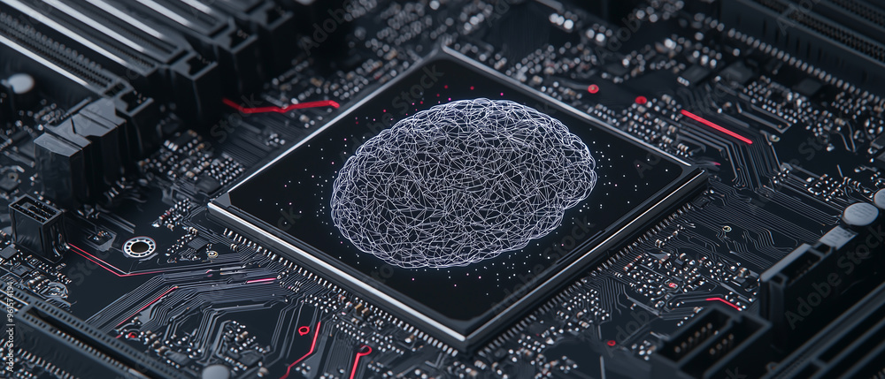 Poster digital brain integrated into circuit board representing artificial intelligence and technology, hol