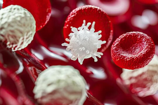 A surreal close-up of red blood cells and white blood cells illuminated by a soft, ethereal light in a pulsating blood vessel