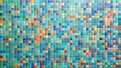 Fototapeta premium Detailed shot of a colorful mosaic wall with varying square sizes on a light blue background