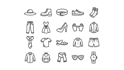 Clothing and accessories icons in minimalist black and white line art style
