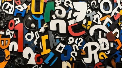 Obraz premium A colorful collage of various letters and numbers arranged artistically on a dark background.