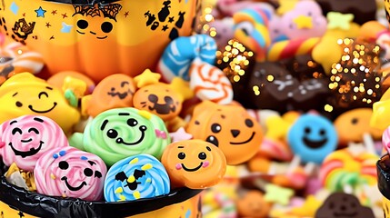 Fototapeta premium A cheerful candy bucket filled with grinning sweets, surrounded by twinkling stars and colorful pumpkins, with lollipops and chocolates wearing cute faces, a magical and playful Halloween theme,