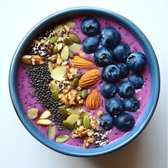 Colorful smoothie bowl topped with blueberries, nuts, and seeds, brain-boosting breakfast, vibrant and healthy meal.