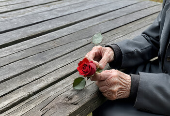 An elderly man on a bench, holding a red flower. 