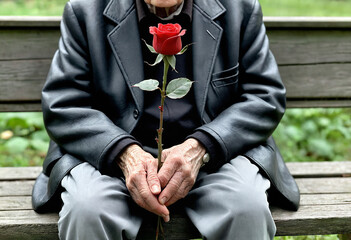 An elderly man on a bench, holding a red flower. 