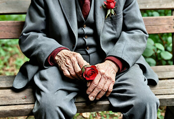 An elderly man on a bench, holding a red flower. 