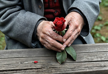 An elderly man on a bench, holding a red flower. 