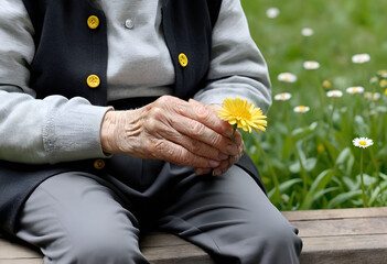 An elderly woman on a bench, holding a red flower. 