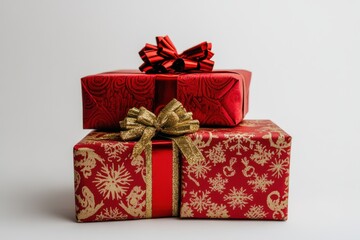 Obraz premium A group of three Christmas presents wrapped in festive red and gold paper with matching