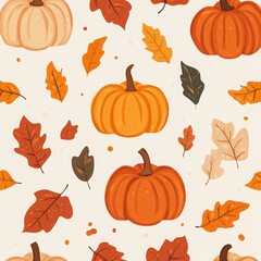 Pumpkin and autumn leaves seamless pattern vector presentation background, pastel orange color scheme, halloween pattern
