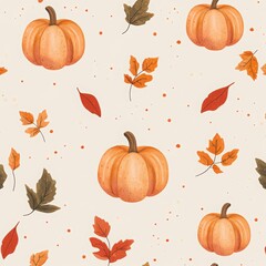 Pumpkin and autumn leaves seamless pattern vector presentation background, pastel orange color scheme, halloween pattern