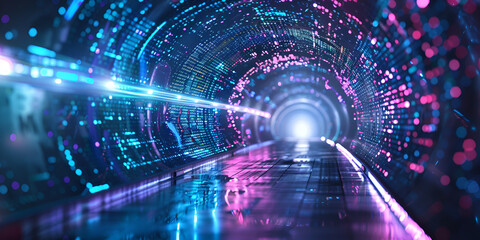Fototapeta premium Futuristic Digital Tunnel with Neon Lights and Technology Effects, Glowing Cyber Tunnel Leading to Bright Light 