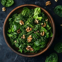 Leafy green salad with kale, spinach, and walnuts, nutrient-dense meal, brain health focus.