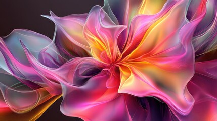 3D abstract alien flower with fluid, organic lines and translucent plastic in shades of pink, purple, and yellow.