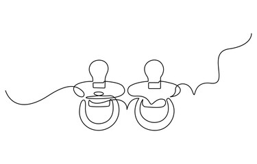 Continuous line drawing of pacifier. Pregnancy planning concept. Vector illustration, Continuous one line drawing of baby pacifier in silhouette on a white background. Linear stylized