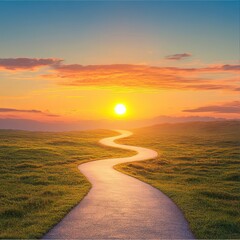 Bright sunrise illuminating a winding road, symbolizing the start of a new path.