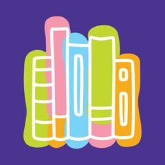 Doodle books shelf icon handdrawn with thin line and colored with colorful blobs. Hardcover literature symbol on dark background. Vector illustration