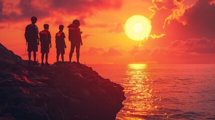 Silhouettes of four friends watching sunset over the sea.