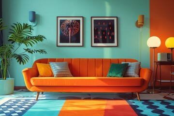 Bright and inviting modern living room with colorful furniture and striking decor accents