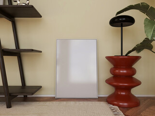 retro living room with white frame mockup. Poster mock up with light reflection, vintage design. 3D render