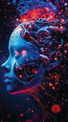 Futuristic AI head with glowing red orbs and dark blue background.