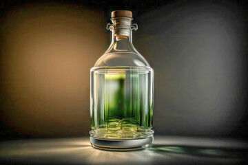 Clear glass bottle with cork stopper on reflective surface.