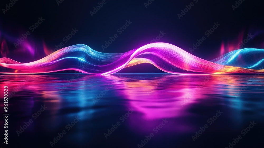 Poster 3D render of a neon wave with luminous colors in a dark environment, with its reflection creating a dynamic effect on the floor.