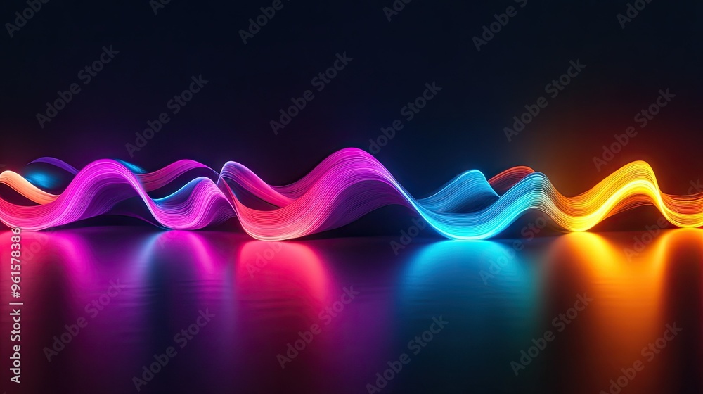 Poster 3D render of a neon wave with luminous colors in a dark environment, with its reflection creating a dynamic effect on the floor.