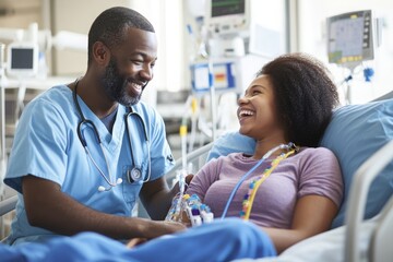 Doctor comforting a patient in hospital bed