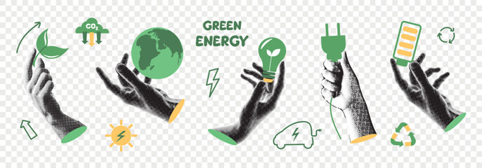 Ecological zero waste lifestyle and sustainability elements set. Collage design elements in trendy dotted pop art style. Hands holding battery, Earth globe, plant, power saving lamp. Retro halftone