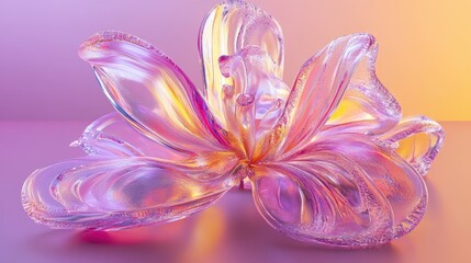 Fototapeta premium 3D render of an otherworldly flower with elegant curves and transparent materials in a mix of pink, purple, and yellow.