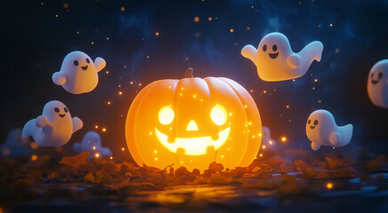 jack-o'-lantern surrounding by floating playful ghost