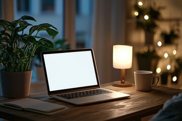 Fototapeta premium Laptop, Notebook, Cup, Lamp, and Plant on a Wooden Table at Night