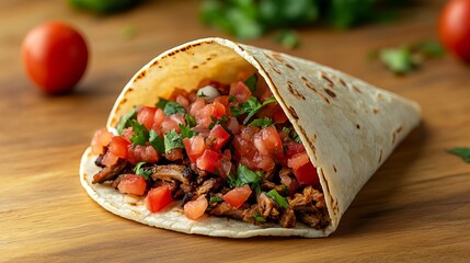 Delicious taco with grilled meat, tomatoes, and herbs on wood table