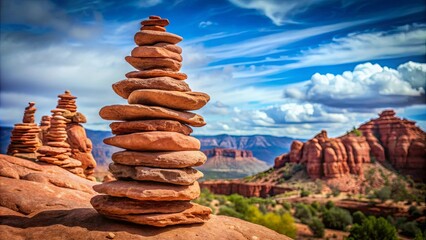 A striking image of red rocks stacked on top of each other, creating a towering pile