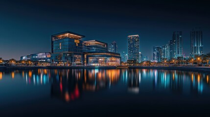 Obraz premium A beautiful night shot of Festival City in Dubai, featuring the Hotel Crowne Plaza and Hotel Intercontinental illuminated in the skyline.