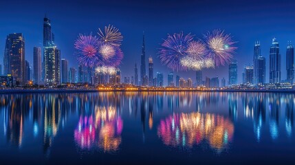 A breathtaking display of fireworks over Festival City in Dubai on National Day, with reflections on the water enhancing the scene.